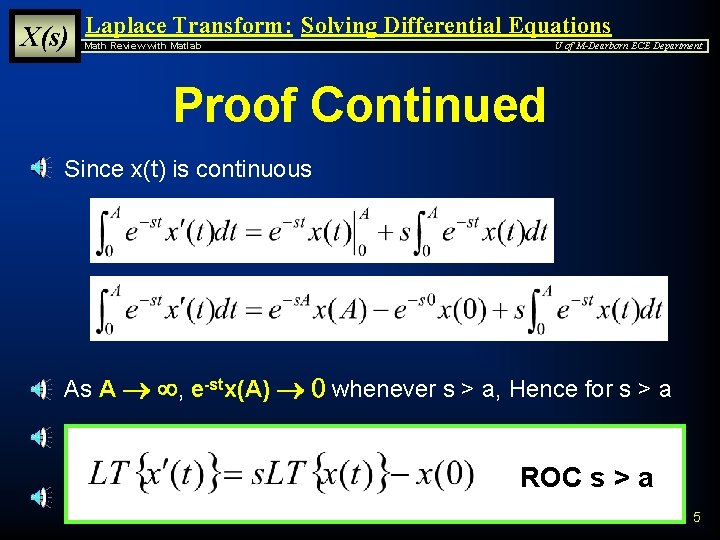 X(s) Laplace Transform: Solving Differential Equations Math Review with Matlab U of M-Dearborn ECE