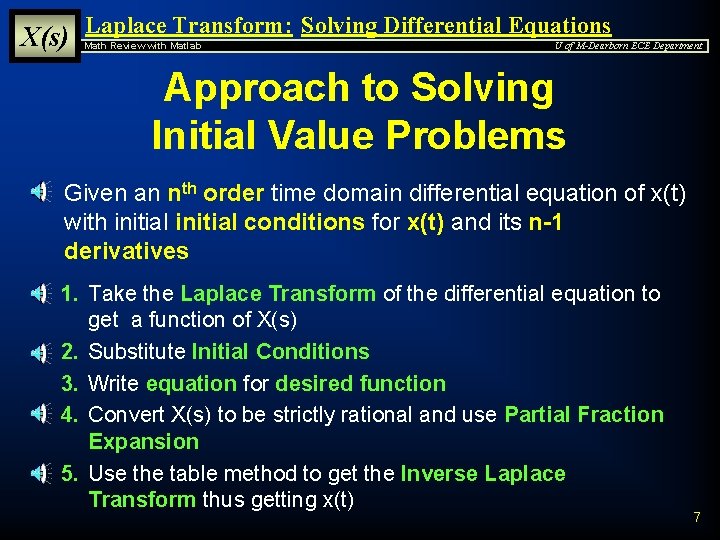 X(s) Laplace Transform: Solving Differential Equations Math Review with Matlab U of M-Dearborn ECE
