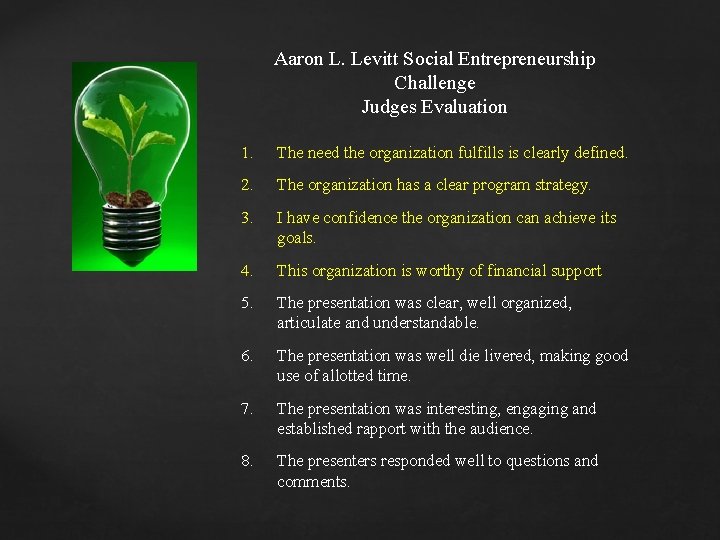 Aaron L. Levitt Social Entrepreneurship Challenge Judges Evaluation 1. The need the organization fulfills