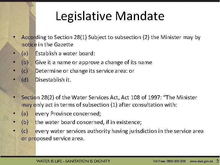 BRIEFING BY THE DEPARTMENT OF WATER AND SANITATION