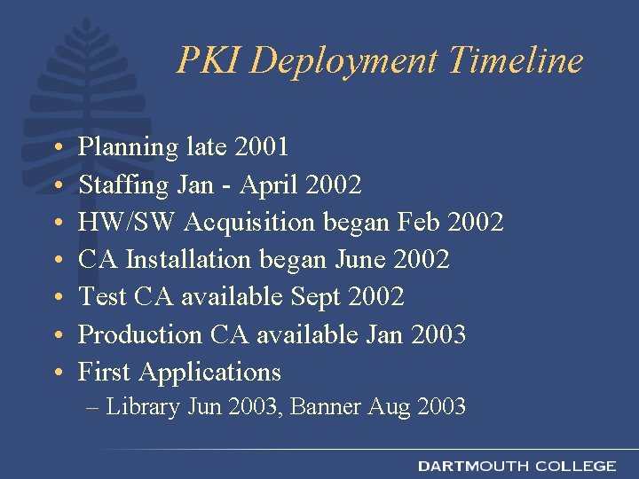 PKI Deployment Timeline • • Planning late 2001 Staffing Jan - April 2002 HW/SW