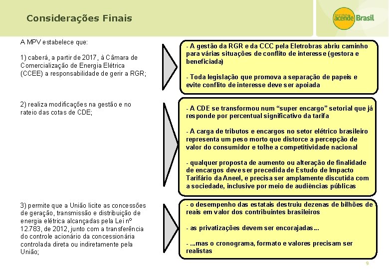 Considerações Finais A MPV estabelece que: 1) caberá, a partir de 2017, à Câmara