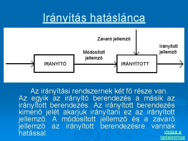 Irányítás hatáslánca Zavaró jellemző Irányított jellemző Módosított jellemző IRÁNYÍTÓ IRÁNYÍTOTT Az irányítási rendszernek két