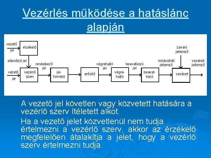 Vezérlés működése a hatáslánc alapján vezető jel érzékelő zavaró jellemző ellenőrző jel vezető jel