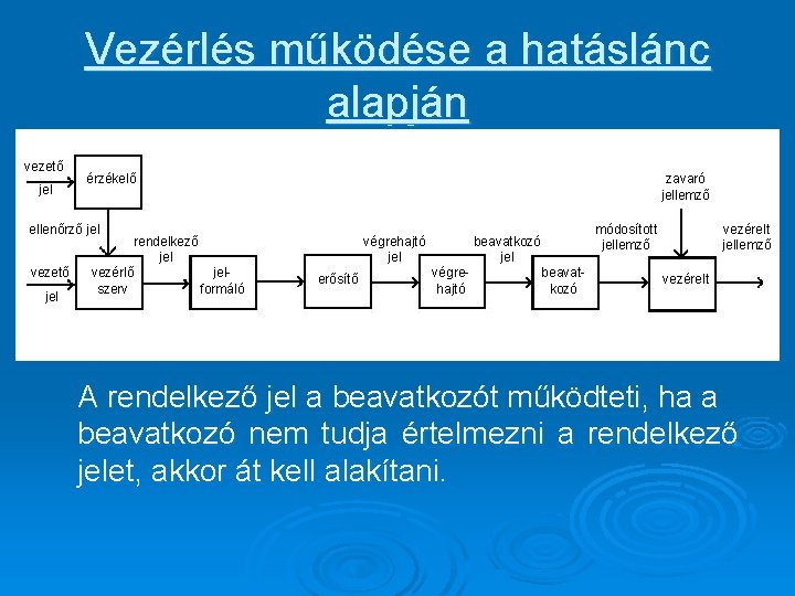 Vezérlés működése a hatáslánc alapján vezető jel érzékelő zavaró jellemző ellenőrző jel vezető jel