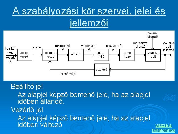 A szabályozási kör szervei, jelei és jellemzői zavaró jellemző beállítóvagy vezérlő jel alapjel képző