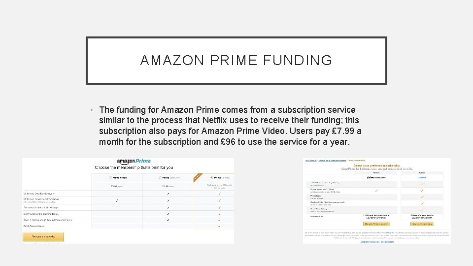 AMAZON PRIME FUNDING • The funding for Amazon Prime comes from a subscription service