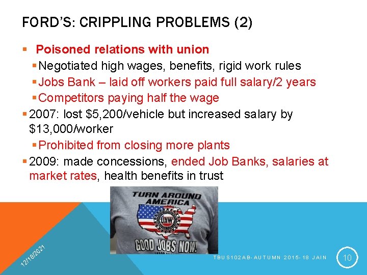 FORD’S: CRIPPLING PROBLEMS (2) § Poisoned relations with union § Negotiated high wages, benefits,