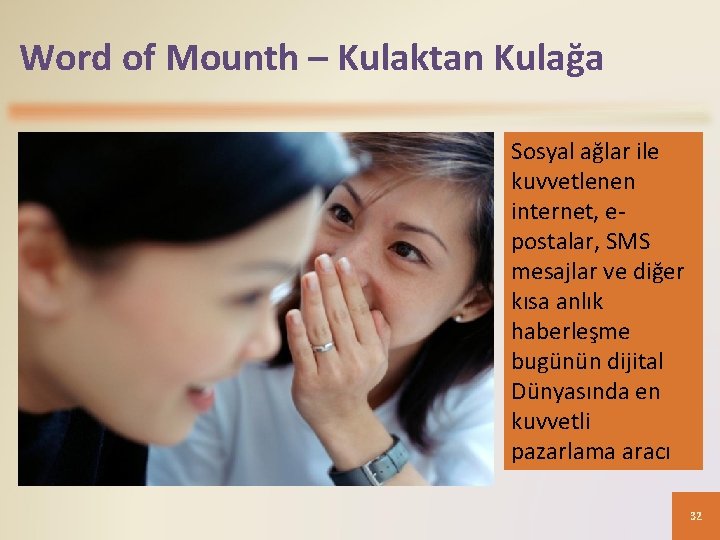 Word of Mounth – Kulaktan Kulağa Sosyal ağlar ile kuvvetlenen internet, epostalar, SMS mesajlar