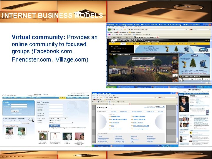 INTERNET BUSINESS MODELS Virtual community: Provides an online community to focused groups (Facebook. com,