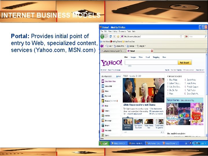 INTERNET BUSINESS MODELS Portal: Provides initial point of entry to Web, specialized content, services