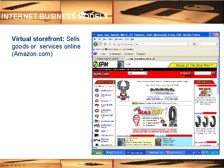 INTERNET BUSINESS MODELS Virtual storefront: Sells goods or services online (Amazon. com) 