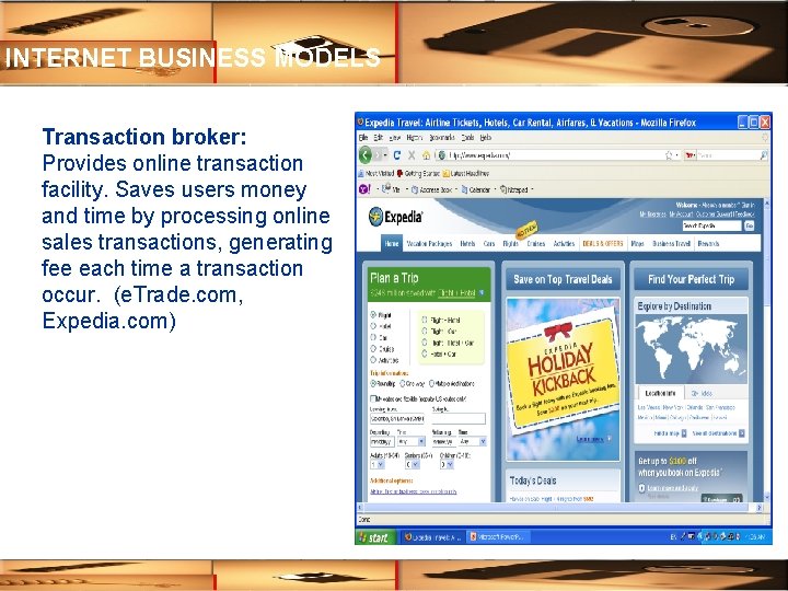 INTERNET BUSINESS MODELS Transaction broker: Provides online transaction facility. Saves users money and time