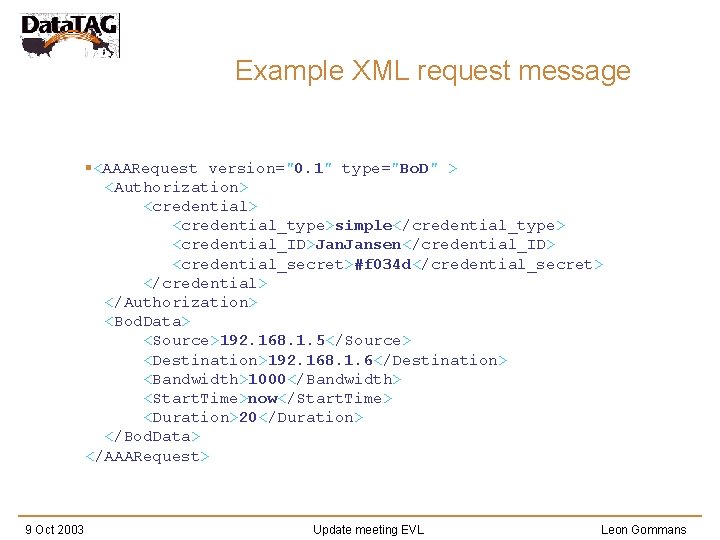 Example XML request message §<AAARequest version="0. 1" type="Bo. D" > <Authorization> <credential_type>simple</credential_type> <credential_ID>Jan. Jansen</credential_ID>