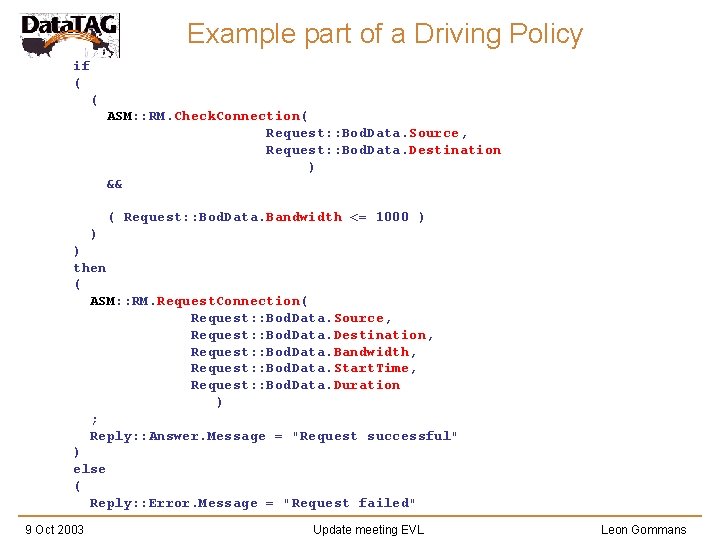 Example part of a Driving Policy if ( ( ASM: : RM. Check. Connection(
