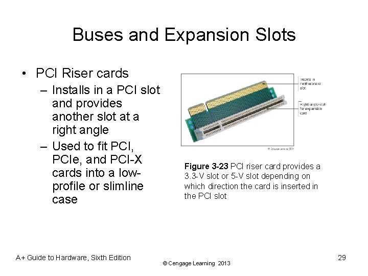 Buses and Expansion Slots • PCI Riser cards – Installs in a PCI slot