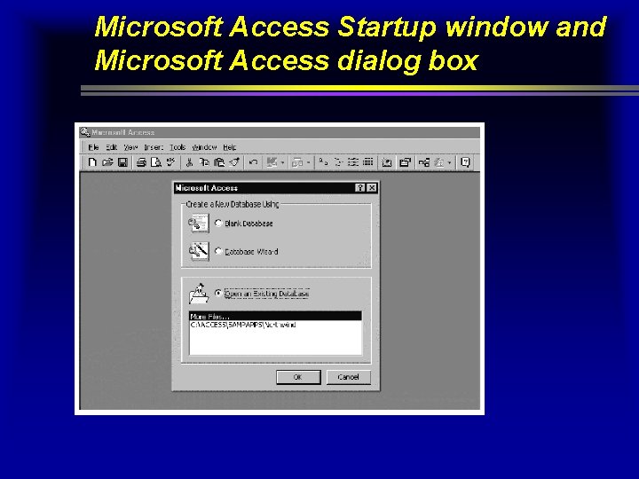Microsoft Access Startup window and Microsoft Access dialog box Microsoft Access Startup window and Microsoft Access dialog box