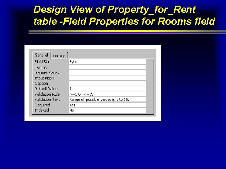 Design View of Property_for_Rent table -Field Properties for Rooms field Design View of Property_for_Rent table -Field Properties for Rooms field
