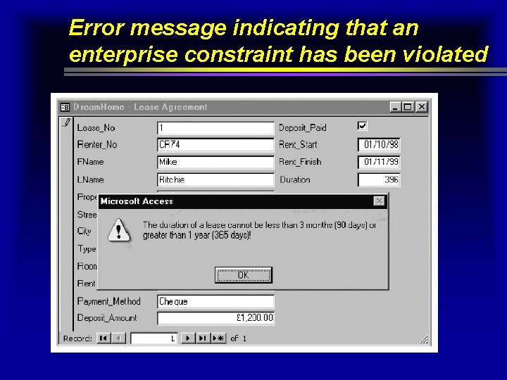 Error message indicating that an enterprise constraint has been violated Error message indicating that an enterprise constraint has been violated