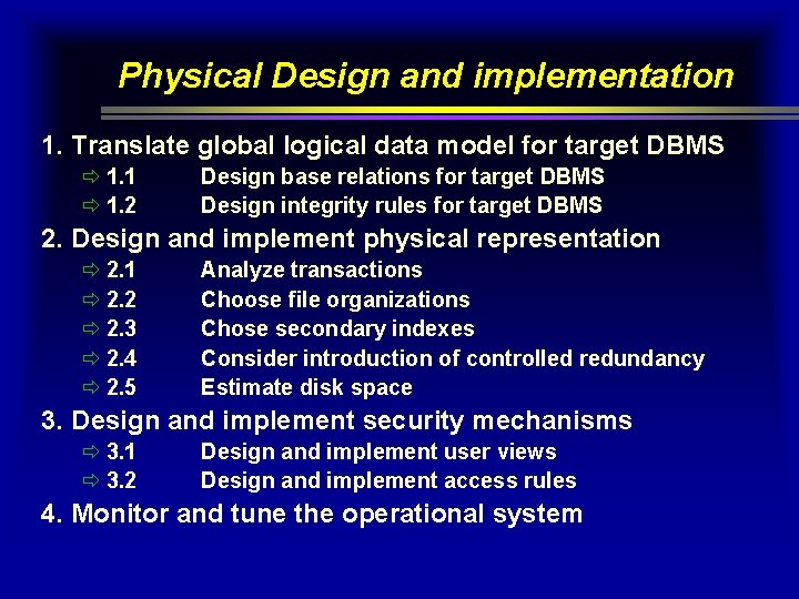 Physical Design and implementation 1. Translate global logical data model for target DBMS ð Physical Design and implementation 1. Translate global logical data model for target DBMS ð