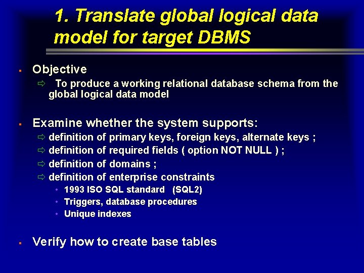 1. Translate global logical data model for target DBMS § Objective ð To produce 1. Translate global logical data model for target DBMS § Objective ð To produce