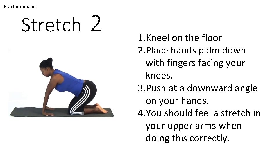 Brachioradialus Stretch 2 1. Kneel on the floor 2. Place hands palm down with