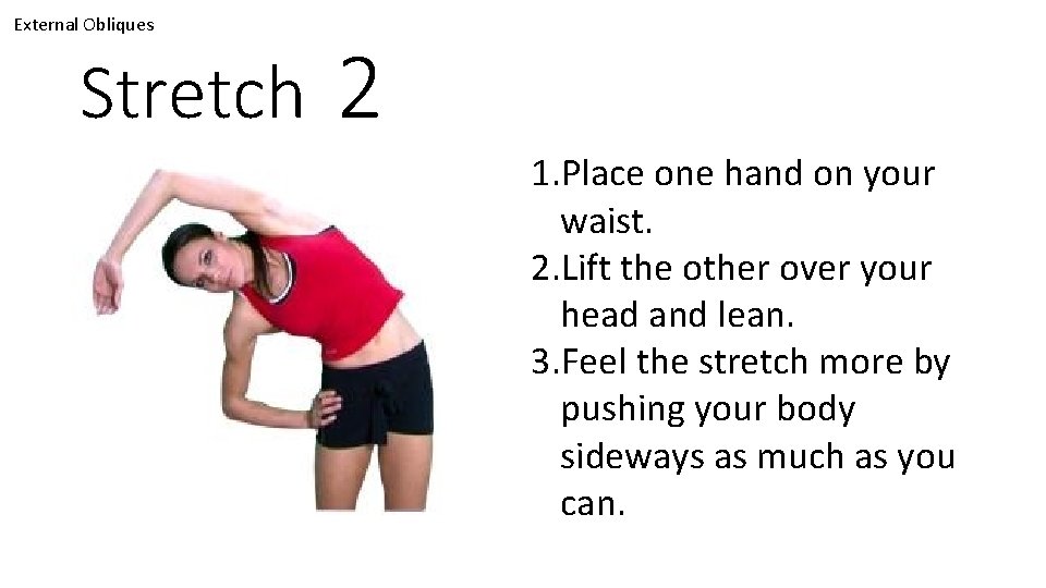 External Obliques Stretch 2 1. Place one hand on your waist. 2. Lift the