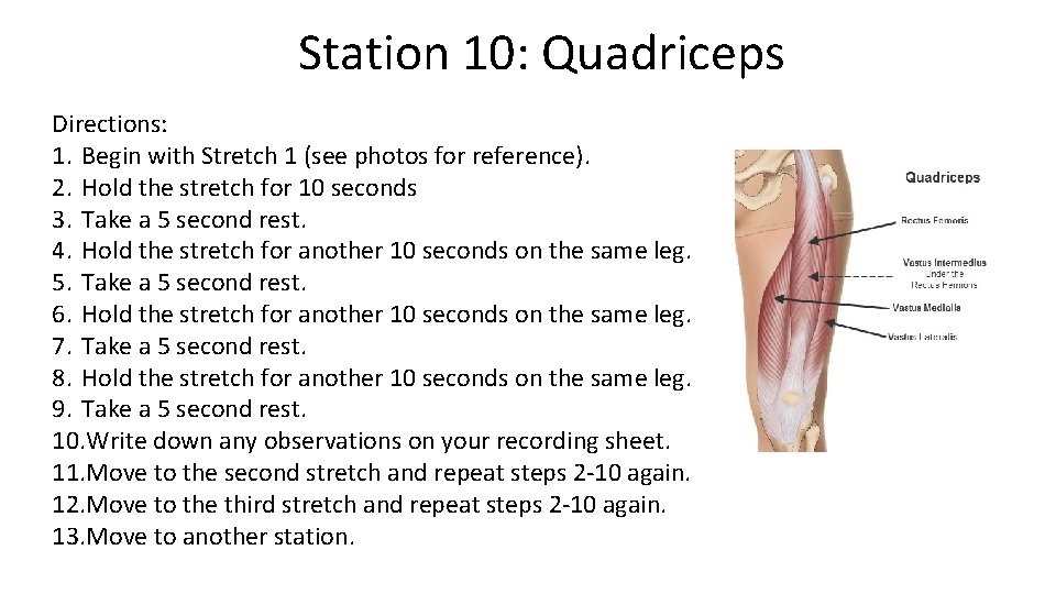 Station 10: Quadriceps Directions: 1. Begin with Stretch 1 (see photos for reference). 2.