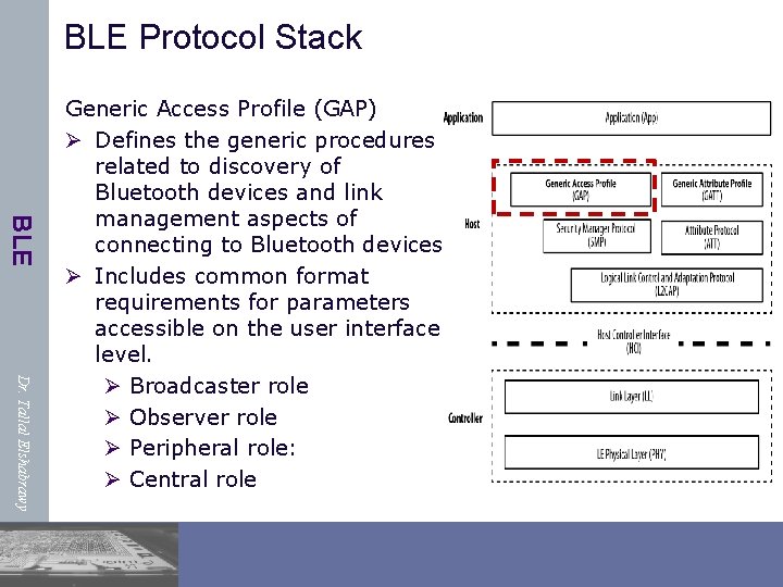 BLE Protocol Stack BLE Dr. Tallal Elshabrawy Generic Access Profile (GAP) Ø Defines the