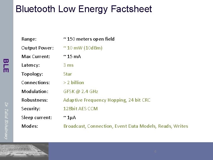 Bluetooth Low Energy Factsheet BLE Dr. Tallal Elshabrawy Range: ~ 150 meters open field