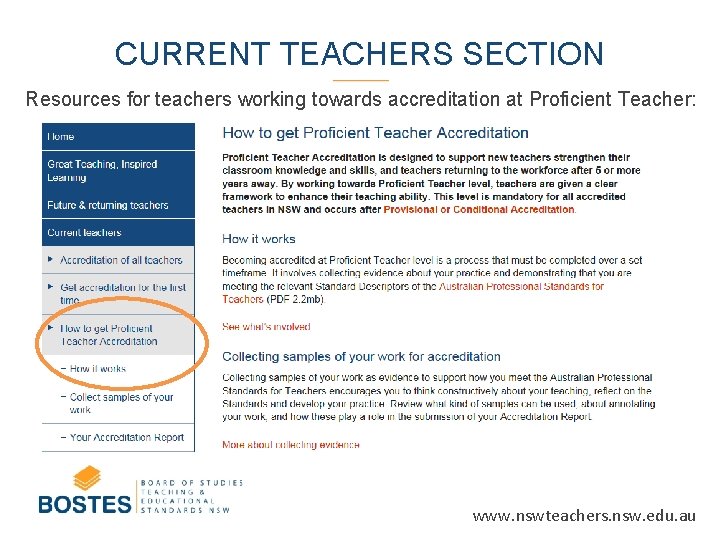 CURRENT TEACHERS SECTION Resources for teachers working towards accreditation at Proficient Teacher: www. nswteachers.