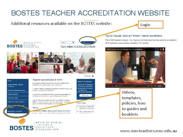 BOSTES TEACHER ACCREDITATION WEBSITE Additional resources available on the BOSTES website: Login Videos, templates,