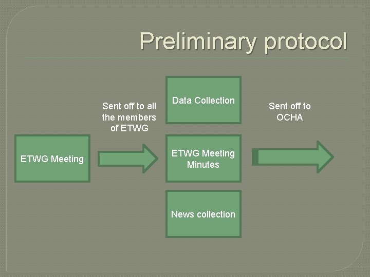 Preliminary protocol Sent off to all the members of ETWG Meeting Data Collection ETWG Preliminary protocol Sent off to all the members of ETWG Meeting Data Collection ETWG