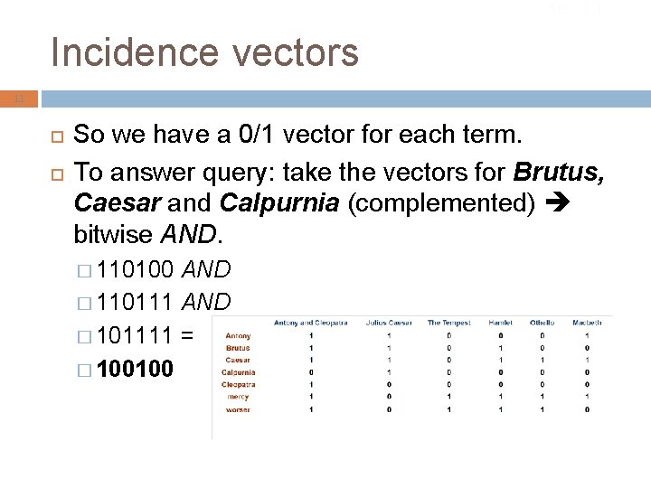 Sec. 1. 1 Incidence vectors 11 So we have a 0/1 vector for each