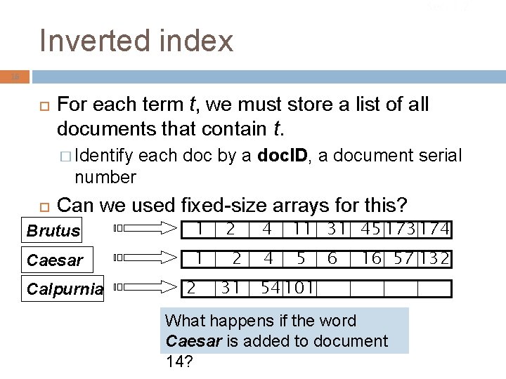 Sec. 1. 2 Inverted index 16 For each term t, we must store a