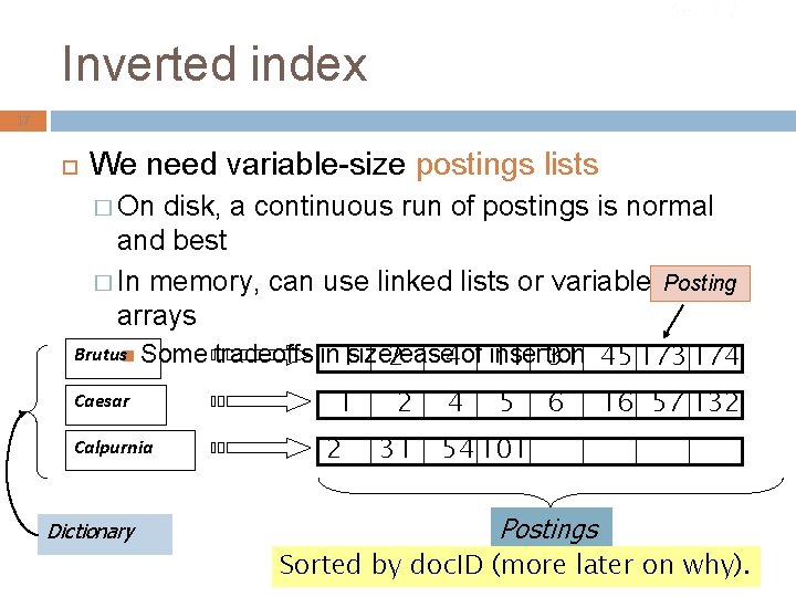 Sec. 1. 2 Inverted index 17 We need variable-size postings lists � On disk,