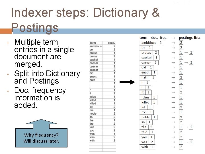 Indexer steps: Dictionary & Postings • • • Multiple term entries in a single