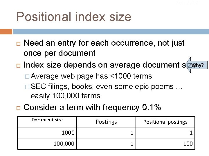 Sec. 2. 4. 2 Positional index size Need an entry for each occurrence, not