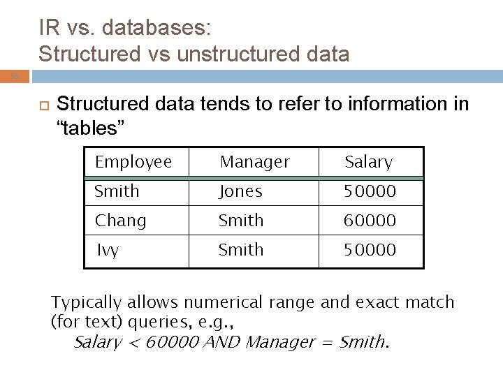 IR vs. databases: Structured vs unstructured data 55 Structured data tends to refer to