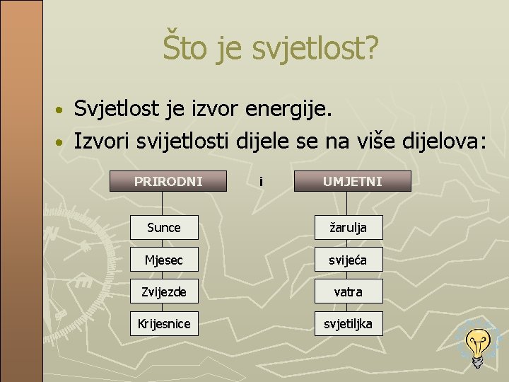 Što je svjetlost? Svjetlost je izvor energije. • Izvori svijetlosti dijele se na više