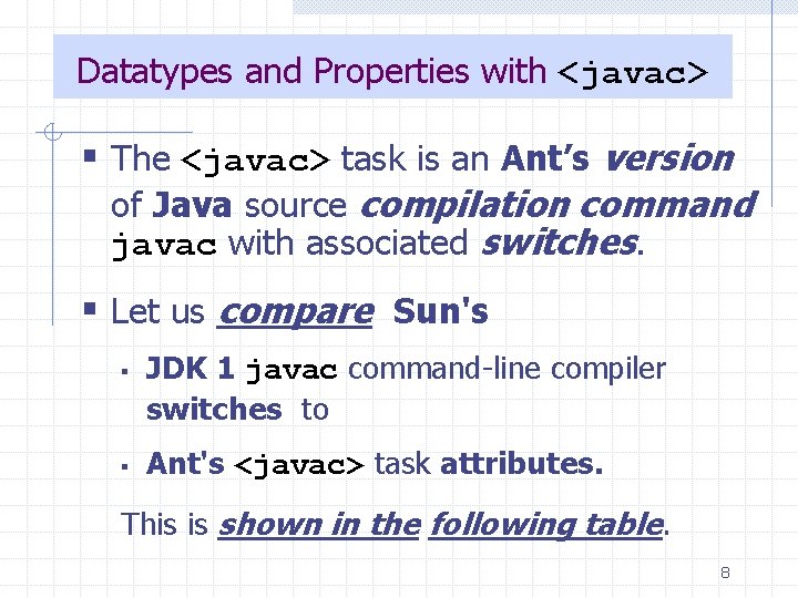 Datatypes and Properties with <javac> § The <javac> task is an Ant’s version of