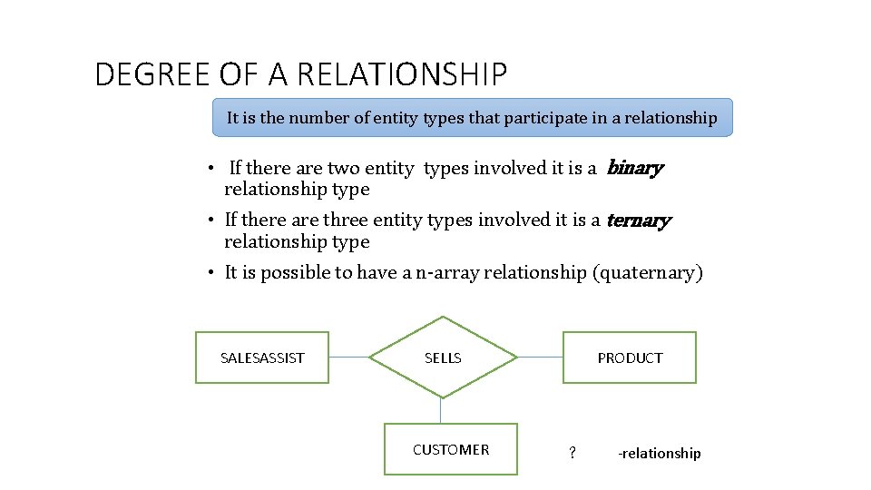 DEGREE OF A RELATIONSHIP It is the number of entity types that participate in