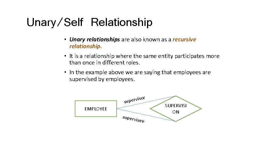 Unary/Self Relationship • Unary relationships are also known as a recursive relationship. • It