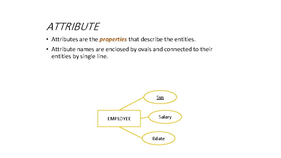 ATTRIBUTE • Attributes are the properties that describe the entities. • Attribute names are