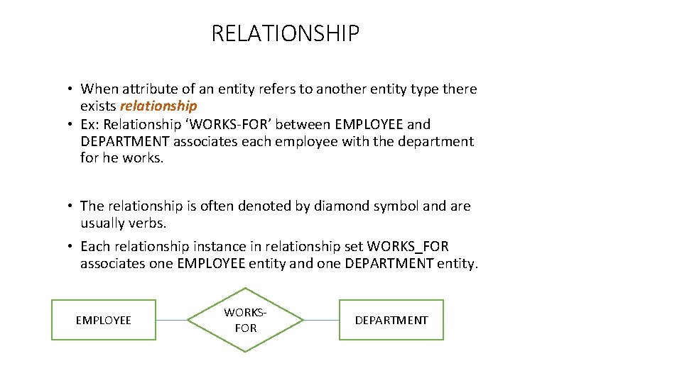 RELATIONSHIP • When attribute of an entity refers to another entity type there exists