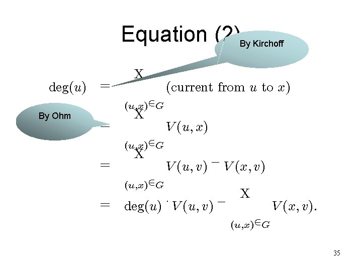 Equation (2)By Kirchoff deg(u) = By Ohm X (current from u to x) (u;