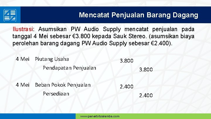 Mencatat Penjualan Barang Dagang Ilustrasi: Asumsikan PW Audio Supply mencatat penjualan pada tanggal 4