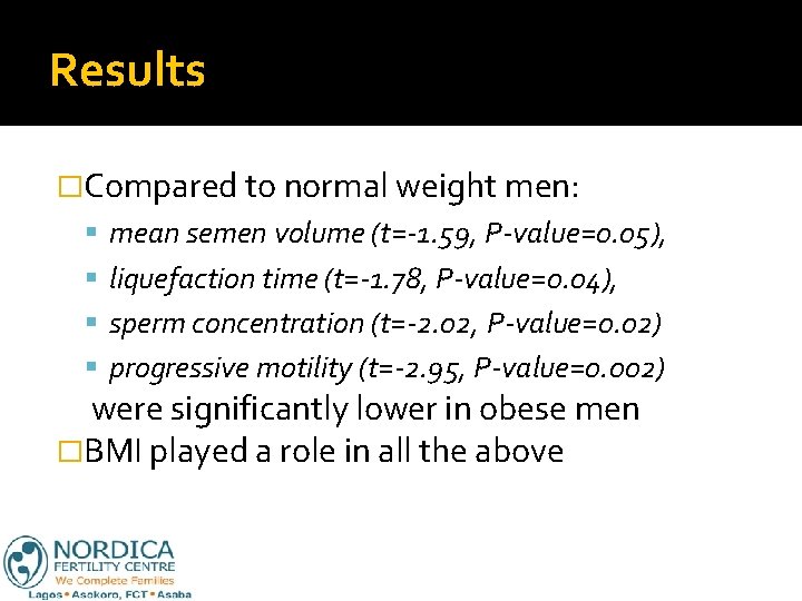 Results �Compared to normal weight men: mean semen volume (t=-1. 59, P-value=0. 05), liquefaction