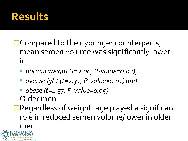 Results �Compared to their younger counterparts, mean semen volume was significantly lower in normal