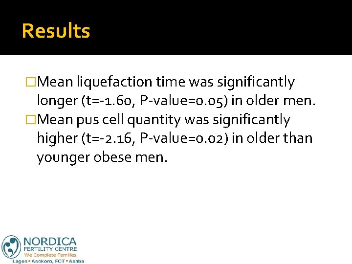 Results �Mean liquefaction time was significantly longer (t=-1. 60, P-value=0. 05) in older men.